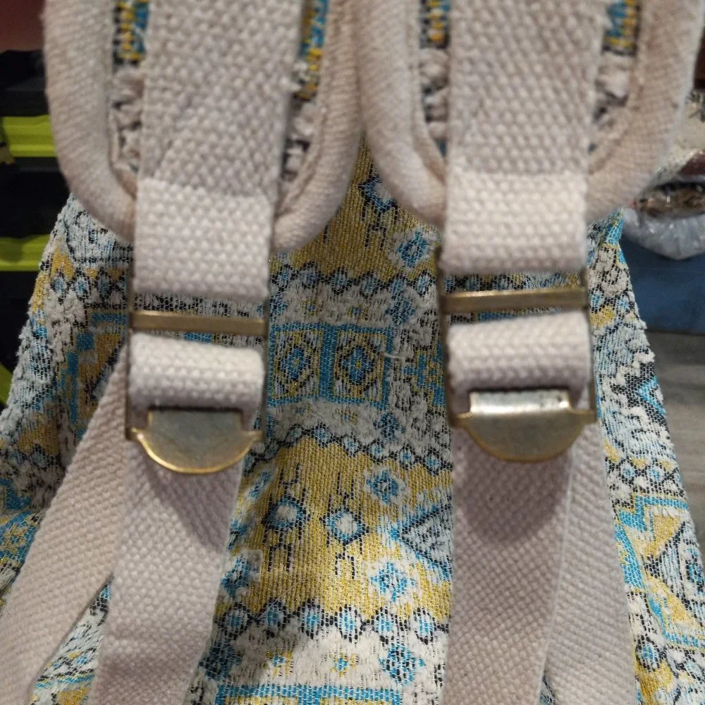 Boho Chic Backpack - Ethnic Inspired Pattern - Hand Beaded Accents - Fine Cotton